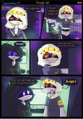 1boy 2024 2d 2girls boozy_uzi comic dialogue disassembly_drone english_dialogue english_text female glitch_productions humanoid humanoid_female humanoid_male male mob_face multiple_females multiple_girls murder_drones n_(murder_drones) page_64 page_number purple_hair robot robot_boy robot_girl robot_humanoid screen_face talking text toyslasher uzi_(murder_drones) v_(murder_drones) white_body worker_drone