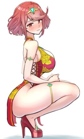 alternate_costume ass bare_legs bare_shoulders blush breasts brown_eyes core_crystal dress female floral_print from_side full_body high_heels highres large_breasts no_panties pelvic_curtain platform_heels print_dress pyra red_dress red_footwear red_hair shadow short_hair sidelocks simple_background skindentation solo spicycurryart squatting stiletto_heels swept_bangs thick_thighs thigh_strap thighs tiara two-tone_dress white_background xenoblade_(series) xenoblade_chronicles_2 yellow_dress