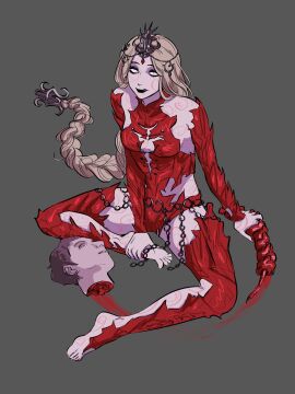 :q baldur's_gate baldur's_gate_3 barefoot black_lips blonde_hair bone braid circlet cleavage_cutout clothing_cutout collared_leotard commentary death detached_sleeves dungeons_and_dragons english_commentary female forgotten_realms from_above full_body gore greaselordd grey_background guro hand_on_own_foot headpiece highres holding holding_bone holding_own_foot leotard licking_lips long_hair looking_to_the_side low-braided_long_hair low-tied_long_hair male male_death o-ring orin_the_red red_leotard red_thighhighs severed_head simple_background single_braid sitting smeared_blood solo spine thighhighs tongue tongue_out white_eyes