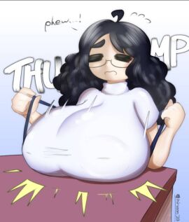 1girls arms big_breasts big_tits black_hair breasts breasts_bigger_than_head cecilia_(hiruson) chest curly_hair cute_face effects english english_dialogue english_language english_text eyebrows female giant_breasts giant_tits glasses glasses_on_head hair hands head heavy_breasts hiruson huge_breasts huge_tits inverted_nipples massive_breasts massive_tits moving_breasts neck onomatopoeia original original_art original_artwork original_character shoulders table text thump tired_expression tits tits_bigger_than_head white_background white_shirt white_skin