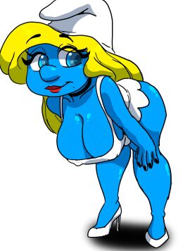 1girls blonde_hair blue_skin breasts female long_hair smiling smurfette the_smurfs thighs veins veiny_breasts