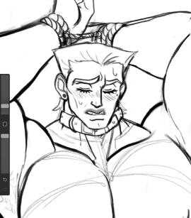 1boy adult_only bara battle_tendency black_and_white blush blushing_male blushing_profusely bound bound_arms bound_hands bound_wrists collar collared earring ghost_vomit huge_pecs human_artist jojo's_bizarre_adventure male male_only monochrome muscular muscular_chest muscular_male no_ai rudolph_von_stroheim sketch solo solo_focus solo_male sweat sweatdrop yaoi