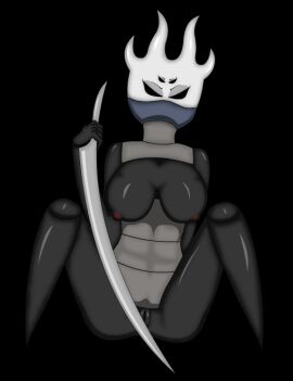 1girls 2022 angry black_background black_body black_skin breasts female female_only hollow_knight magalnik multi_eye pussy revek rule_63 solo thighs weapon what