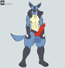2021 4_fingers 4_toes abs animal_genitalia animal_penis anthro areola artist_logo balls big_penis biped black_body black_fur blue_areola blue_body blue_fur blue_nipples canid canine canine_genitalia canine_penis colored erection feet fingers fist fours_(artist) fur generation_4_pokemon genitals grey_background hi_res knot logo looking_aside lucario male male_only monotone_background multicolored_body multicolored_fur muscular muscular_anthro muscular_male navel nintendo nipples nude pecs penis pokemon pokemon_(species) red_eyes red_penis simple_background solo solo_male spikes spikes_(anatomy) tail text toes url yellow_body yellow_fur