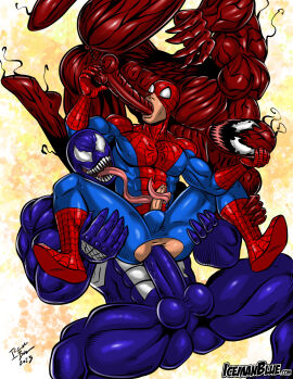 3boys anal anal_penetration anal_sex anus ass balls big_dom_small_sub blowjob carnage_(marvel) fellatio gay grabbing_balls grabbing_legs group icemanblue male male_only marvel marvel_comics masked_male muscular muscular_male penis peter_parker ripped_clothing spider-man spider-man_(series) sucking_penis threesome tongue tongue_out tonguing venom_(marvel)