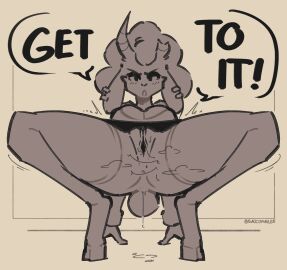 2024 2d 2d_(artwork) anthro biped black_and_white bottomwear bovid breasts broken_horn caprine cleavage clothed clothing ear_piercing english_text female genitals goat hi_res hooves horn leaking_pussy leaking_pussy_juice looking_at_viewer mammal monochrome piercing presenting presenting_pussy pussy signature simple_background skimpy skirt solo speech_bubble spikedmauler steamy_pussy text