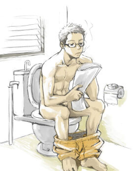 1boy 2009 abs bathroom cigarette glasses male male_only newspaper nipples no_visible_genitalia orange_shorts original paper pubic_hair reading_newspaper shorts shorts_down solo toilet tsukumo_gou