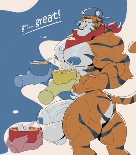 absurd_res anthro arm_tuft ass balls biceps big_balls big_penis black_body black_fur blue_body blue_clothing blue_hat blue_headwear blue_skin bodily_fluids cereal chest_tuft clothing cum ejaculation felid flexing flexing_bicep food frosted_flakes fur genital_fluids genitals hat headgear headwear hi_res holding_object kellogg's kerchief lactating male male_lactation male_only mammal mascot milk muscles muscular muscular_anthro muscular_male muscular_thighs neckerchief nipples orange_body orange_fur pantherine penis red_kerchief red_neckerchief simple_background smile solo stripes tiger tony_the_tiger triceps tuft vaniwall vein veiny_muscles veiny_penis white_body white_fur