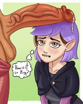 1futa 1girls amity_blight big_penis biting_lip blush breasts clothed clothing dark-skinned_futa dark_skin dialogue duo earrings english_text female female_focus focus_on_penis fully_clothed futa_on_female futanari huge_cock human humanoid intersex lavender_eyes light-skinned_female light_skin looking_at_penis luz_noceda nude pants_down penis penis_awe precum precum_drip softygear solo_focus standing text the_owl_house thought_bubble veiny_penis yellow_eyes