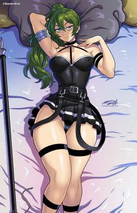 1girls 2024 2d 2d_(artwork) arm_behind_head artist_name big_breasts black_panties blue_eyes breasts cleavage darkereve female female_only green_hair hi_res long_hair looking_at_viewer lying lying_on_back lying_on_bed medium_breasts narrowed_eyes panties pinup ponytail questionable realistic_proportions smiling smiling_at_viewer solo sousou_no_frieren staff thick_thighs thigh_strap ubel_(sousou_no_frieren) weapon