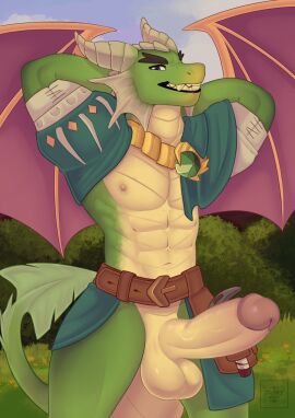 abs activision anthro balls belt big_balls big_penis chains clothing dragon erection european_mythology fin frill_(anatomy) genitals glans gold_(metal) gold_chain grass green_body hands_behind_head hi_res horn humanoid_genitalia humanoid_penis jewelry looking_at_viewer male multicolored_body muscular muscular_anthro muscular_male mythological_creature mythological_scalie mythology nestor_(spyro) nipples non-mammal_balls non-mammal_nipples outside pecs penis pinup plant pose raised_arms rescued_dragons_(spyro) scaled_underbelly scalie shrub sky smile solo sparksreactor spread_wings spyro_reignited_trilogy spyro_the_dragon standing tail tail_fin three-quarter_view tool_belt tools two-tone_body western_dragon wings