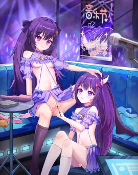 absurdres artist_request bare_shoulders black_socks breasts censored chinese_commentary closed_mouth clothing_cutout commentary_request commission dildo embarrassed frilled_shrug hair_ornament hair_ribbon hairclip heart heart_censor highres holding indoors kneehighs long_hair looking_at_viewer matching_outfits microphone navel nipples no_bra no_panties on_bench original parallel_hairclips pink_pupils pink_ribbon poster_(object) purple_eyes purple_hair purple_shrug purple_skirt raised_inner_eyebrows revealing_clothes ribbon second-party_source sex_toy shaving shaving_crotch short_sleeves shoulder_cutout shrug_(clothing) siblings sitting skirt small_breasts socks spread_legs star_(symbol) star_hair_ornament stomach twins wavy_mouth white_socks