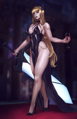 1girls big_breasts blonde_hair blue_eyes breasts cleavage dress female high_heels lipstick long_hair magik_(illyana_rasputin) marvel marvel_comics skimpy skimpy_dress skinky solo soulsword standing sword toned toned_female very_long_hair walking wide_hips wine wine_glass x-men