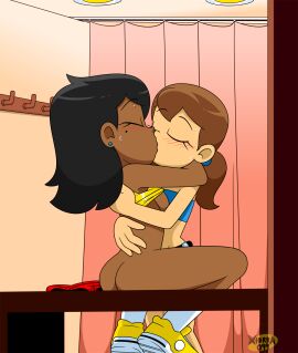 2girls age_difference ass black_hair blush brown_hair changing_room chocolate_and_vanilla clothed clothed_female clothed_male_nude_female dark-skinned_female dark_skin eyes_closed female future half-dressed half_naked holding_each_other kiss kissing lesbian_kiss light-skinned_female light_skin long_hair lovin’sis lucy_(xierra099) male mole_under_eye multiple_females multiple_girls nude nude_female original original_character shirt_up sitting sneakers standing twintails valerie_(xierra099) xierra099 yuri