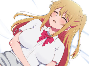 1girls bed big_breasts blonde_hair blush bowtie breasts closed_eyes clothed clothed_female female female_focus grey_skirt hair_between_eyes high_resolution highres hoshino_ruby laying_on_bed light-skinned_female light_skin long_hair open_mouth oshi_no_ko pink_bowtie ponytail radio_(mei99) school_uniform schoolgirl shirt short_sleeves side_ponytail sleeping teenage_female teenager white_shirt