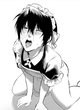 4694tyu_okashi apron blush crossdressing cum cum_in_mouth cum_on_face facial femboy gintama high-angle_view kneeling maid maid_headdress maid_uniform male male_only monochrome one_eye_closed open_mouth screentone shirokuji solo takasugi_shinsuke tongue tongue_out twink