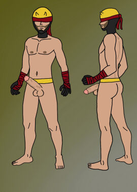 beard beard_stubble belt belt_only big_cock big_penis billy_club black blind blind_peacock_(blindpeacockdraws) blind_peacock_draws blind_peacock_draws_(artist) blindfold blindfolded cock elbow_pads gloves gloves_only hard_on horns kneepad kneepads male male_only mask masked masked_male masked_only nsfw_version_available original original_art original_artwork original_character penis red sfw_version_available strong_cock suit superhero vein veiny_penis weapons wrapped wrapped_hands yellow