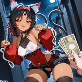 (titancore) 2_tails ai_generated alleyway animal_humanoid black_hair blush cat_ears cat_girl cat_humanoid cat_pose cat_tail curvy_figure female girl giving_money long_hair naughty_face naughty_girl nekomiya_mana night ponytail pov prostitute puffy_nipples pussy red_eyes revealing_clothes small_breasts tan_skin teasing_viewer thiren video_game_character zenless_zone_zero