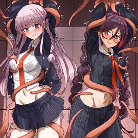2girls arms_up bakasp-lilzy black_hair black_jacket black_ribbon black_skirt blush bound bound_arms braid collared_shirt cowboy_shot danganronpa danganronpa:_trigger_happy_havoc female frown fukawa_touko glasses grey_hair groin hair_ribbon highres jacket kirigiri_kyouko long_hair long_sleeves miniskirt multiple_females multiple_girls navel necktie open_clothes open_jacket orange_necktie pleated_skirt restrained ribbon round_eyewear shirt side_braid skirt tentacle tentacle_sex twin_braids twintails white_shirt