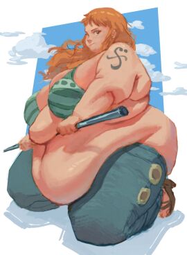 1girls 2023 absurd_res absurd_resolution absurdres alternate_ass_size alternate_body_type alternate_breast_size anime arm_tattoo ass bangs bare_arms bare_belly bare_midriff bbw belly belly_folds belly_overhang belly_rolls big_ass big_belly big_breasts big_thighs blue_jeans blue_pants blush blush_lines blushing bo_staff bra breasts breasts_on_belly brown-eyed_female brown_eyes brown_sandals chubby_cheeks cleavage cleavage_overflow closed_mouth closed_mouth_smile clothed clothed_female cloud cloudy_sky color colored deep_navel deep_skin denim_jeans digital_media_(artwork) double_chin exposed_ass fat fat_arms fat_ass fat_belly fat_breasts fat_face fat_female fat_folds fat_legs fat_thighs female female_only full_body gigantic_ass gigantic_belly green_bra gripping heels hi_res high_resolution highres holding_object holding_staff holding_weapon huge_ass huge_belly huge_breasts huge_thighs ineffective_clothing kneeling kneeling_on_ground lifting lifting_belly light-skinned_female light_skin long_hair looking_at_viewer love_handles morbidly_obese morbidly_obese_female muffin_top nami_(one_piece) navel no_panties nose_blush obese obese_female one_piece orange-haired_female orange_hair outgrowing_clothes overflowing_breasts overweight overweight_female pants partially_clothed partially_clothed_female posing post-timeskip sandal_heels sandals shaded shonen_jump side_view sideass simple_background sizemologist slight_blush smile smiling ssbbw tattoo thick thick_ass thick_thighs three-quarter_view thunder_thighs toonami undersized_clothes wavy_hair weapon white_border wide_hipped_female wide_hips wide_thighs