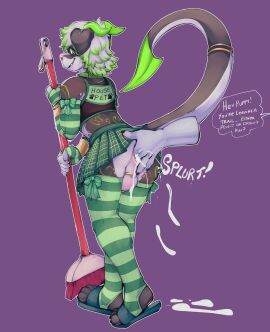 absurd_res anal anal_fingering anal_sex anus bodily_fluids bondage bottomwear broom canid canine chastity_cage chastity_device cleaning_tool clothed clothing collar crossdressing cum cum_in_ass cum_inside dialogue english_text fingering floppy_ears genital_fluids green_eyes hi_res male male_focus mammal penetration petplay raineshadowpaw roleplay skirt text