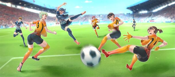 ass ass_visible_through_thighs athletic athletic_female big_breasts body_paint bodypaint breasts chichimaro completely_nude crowd daytime false_clothes feet female female_focus female_only football football_player full_body moving multiple_females multiple_girls navel nipples nude nude_female painted_clothes public public_exposure public_nudity pussy pussy_juice pussy_juice_drip running shaking_breasts soccer soccer_ball stadium stadium_background sweat sweatdrop sweating tattoo_uniform thighs