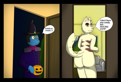 absurd_res anthro ass building candy clothing comic costume dessert dialogue domestic_cat duo felid feline felis female food furniture halloween hi_res holidays house inside kim_(pscapturas) lagomorph leporid looking_at_another looking_at_viewer looking_back male male/female mammal nude pscapturas rabbit text