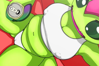 absurd_res anthro bandai_namco beverage_can big_breasts breasts camel_toe cameltoe clitoris clitoris_outline clothed clothing digimon digimon_(species) drinking_beer elemental_creature female female_focus first_person_view flora_fauna green_body hi_res navel nipple_outline palmon panties plant pussy shirt sitting skimpy skimpy_underwear slightly_chubby slightly_chubby_anthro slightly_chubby_female tank_top topwear underwear vulapa