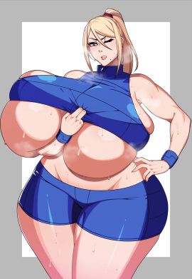 1girls big_breasts breasts breasts_bigger_than_head busty casual_outfit_(metroid) curvaceous curvy curvy_body curvy_female curvy_figure female huge_breasts large_breasts male metroid samus_aran strongmoist sweat sweatdrop sweater sweating sweaty_breasts voluptuous