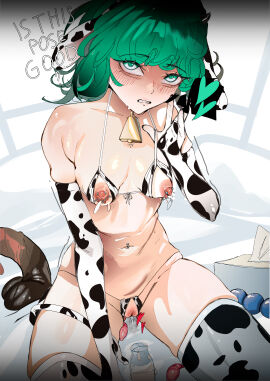 1girls anime_style bedroom belly belly_button belly_button_piercing breasts condom condom_wrapper cosplay costume cow_ears cow_print cowbell creampie cute cute_face female flushed flustered green_eyes green_hair hi_res highres kaiserart nipple_piercing nipples one-punch_man petite petite_body petite_female petplay piercing pussy shy sitting sitting_on_bed small_breasts small_waist smaller_female tagme tail tatsumaki thick_thighs thighhighs thighs