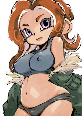 3: bare_shoulders blue_sports_bra breasts closed_mouth coat covered_erect_nipples cowboy_shot female frown fur_collar green_coat grey_panties highres lips long_hair medium_breasts midriff muramasa_mikado navel nintendo octoling octoling_girl octoling_player_character orange_hair orange_lips panties purple_eyes simple_background solo splatoon splatoon_(series) sports_bra suction_cups tentacle_hair underwear white_background