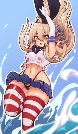 1girls 2d armpits bare_shoulders belly belly_button blonde_hair breasts female gloves hair_accessory hair_ornament kantai_collection landing long_hair looking_down masked_agent medium_breasts miniskirt necktie nipple_bulge open_mouth panties rabbit_hair_ornament shimakaze_(kantai_collection) skirt solo source thick_thighs thighhighs thighs thong underwear vest water yellow_eyes