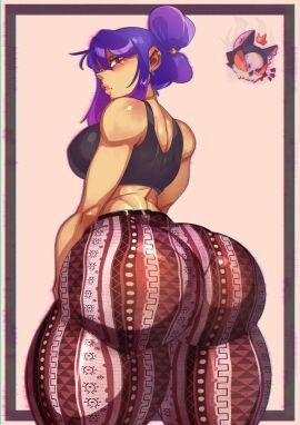 1girls alternate_hairstyle ass ass_focus big_ass big_breasts bottom_heavy breasts bubble_ass bubble_butt fat_ass female female_only flare_pants forbidden_pants glitch_techs huge_ass large_ass large_breasts looking_back miko_kubota mrdeathcat pantylines purple_hair solo thick_ass thick_thighs thunder_thighs wide_hips