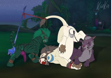 2019 animal_dildo animal_sex_toy ball_gag balls blush bound chastity_cage chastity_device cock_and_ball_torture cock_and_balls_torture detailed_background dildo elisanna felid feline_dildo female feral gag genital_torture genitals group hands_tied hi_res isitti kiro kiro-kat lion male male/female mammal night_elf_(feral) pantherine penis riding_crop riding_crop_in_mouth sex_toy signature strap-on strapon tail_anus tail_restraint tauren_(feral) tiger trio troll_(feral) whip