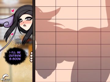 black_hair blush breasts covered dialogue english_text female huge_breasts implied_sex indoors light-skinned_female light_skin long_hair looking_at_viewer male male/female nintendo nipples open_mouth pokemon pokemon_xy sex silhouette silhouette_sex speech_bubble stealth_sex straight thick_thighs valerie_(pokemon) zapklink