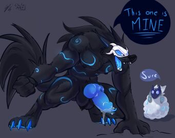 1boy animal_genitalia anthro balls bodily_fluids canid canine canis charlieleobo dialogue digital_media_(artwork) erection feet female fingers fur genital_fluids genitals hair hi_res kindred knot lamb_(league_of_legends) league_of_legends male male/male mammal muscular muscular_anthro muscular_male nipples nude penis precum riot_games simple_background smile solo video_games wolf wolf_(league_of_legends)