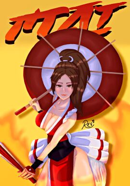 1girls big_breasts breasts busty cleavage fan fatal_fury female female_only fully_clothed gloves hair_ornament japanese japanese_clothes king_of_fighters light-skinned_female light_skin long_hair looking_at_viewer mai_shiranui red_clothing skinny_waist smile snk solo solo_female tied_hair umbrella voluptuous wide_hips