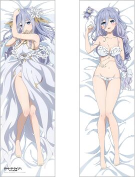 armpit_crease bare_arms bare_belly bare_legs bare_shoulders bare_thighs barefoot bed_sheet belly_button big_breasts blue_eyes blush body_blush bow_panties bra braid braided_ponytail breasts cleavage collarbone dakimakura dakimakura_design date_a_live dress feet female flower_in_hair groin hair_ribbon knees_together_feet_apart long_hair lying no_panties official_art open_mouth panties parted_lips purple_hair sideboob smile strap_slip takamiya_mio teddy_bear thighs toes underwear underwear_only white_bra white_panties