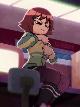 1girls 3:4 alternate_legwear animated artist_collaboration artist_name black_bra black_eyes black_shoes black_skirt black_socks bouncing_breasts bra breasts chromatic_aberration closed_mouth commentary crossed_legs desk english_commentary female frown green_jacket hair_between_eyes half-closed_eyes indoors jacket kim_pine kneehighs large_breasts long_sleeves looking_at_viewer looking_down navel on_desk open_clothes open_jacket paid_reward_available raised_eyebrow red_hair scott_pilgrim scott_pilgrim_(series) shoes sitting skirt socks solo thighhighs thighs twistedgrim underwear undressing undressing_self v-shaped_eyebrows vertical_video yellow_jacket