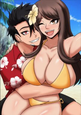 age_difference big_ass big_breasts bikini black_hair bravebengal breasts brown_hair context_at_source cougar cougar_milf female hiroto_(bravebengal) hugging male mature_female milf older_female_and_younger_male red_eyes selfie sitting_on_lap smiling sophie_(bravebengal) straight yellow_eyes