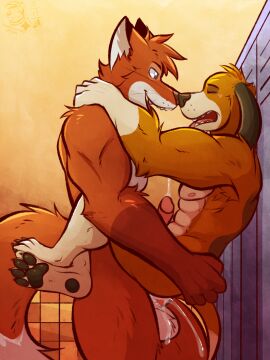4_toes 5_fingers abs against_surface against_wall anal anal_orgasm anal_sex anthro anthro_on_anthro anthro_penetrated anthro_penetrating anthro_penetrating_anthro anthrofied ass balls bodily_fluids breath brown_body brown_fur canid canine canis cheek_tuft circumcised claws closed_eyes copper_(tfath) cum cum_in_ass cum_inside cum_on_balls cum_splatter cum_while_penetrated disney domestic_dog duo facial_tuft feet fingers floppy_ears fluffy fluffy_tail fox from_front_position fur genital_fluids genitals head_tuft hi_res humanoid_genitalia humanoid_penis legs_around_waist locker locker_room looking_at_another looking_at_partner looking_pleasured male male/male mammal muscular muscular_male nipples open_mouth orgasm panting pawpads penetration penis plantigrade_pawpads red_body red_fur sex stand_and_carry_position standing standing_sex tail teeth the_fox_and_the_hound tile tile_wall tod_(tfath) toes tongue tongue_out tuft ventkazemaru wall_(structure) white_body white_fur