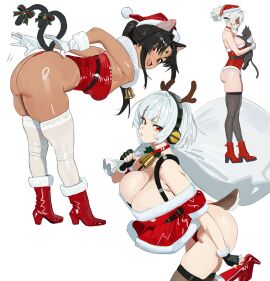 3girls anby_demara animal_ears antlers ass bare_shoulders bell black_gloves black_hair blunt_bangs boots breasts cat_ears cat_tail choker christmas cleavage closed_mouth cute_fang dress dress_straps fake_antlers fake_tail feline female female_only fingerless_gloves full_body gloves headgear headphones high_heel_boots high_heels hintobento holding_animal holding_object hoyoverse huge_breasts leotard light-skinned_female light_skin looking_at_viewer medium_breasts mole mole_on_ass nekomiya_mana neutral_expression oerba_yun_fang open_mouth orange_eyes parted_bangs ponytail red_eyes reindeer_antlers sack santa_costume santa_hat short_hair skindentation smile soldier_11 standing strapless tail thick_thighs thighhighs tied_hair visor white_gloves white_hair zenless_zone_zero