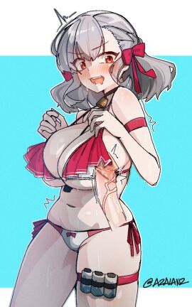 1girls arm_strap bare_shoulders bell bikini black_choker blue_background blush bow bow_bikini breasts choker commentary disembodied_penis drooling female female_focus frilled_bikini frills girls'_frontline girls'_frontline_2:_exilium grey_hair hairbow huge_breasts jingle_bell light-skinned_female light_skin looking_down male medium_hair navel neck_bell open_mouth penis pouch red_bikini red_bow red_eyes sabrina_(girls'_frontline_2) side-tie_bikini_bottom solo_focus spas-12_(girls'_frontline) stomach sweat swimsuit symbol-only_commentary teeth thigh_pouch thighs tilt-shift_(azalanz) twitter_username two-tone_background uncensored white_background