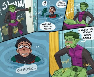2boys balls bathroom beast_boy dc dc_comics dick_grayson fart foreskin gay green_body male male/male male_only micro_male microphilia muscular only_male penis pinecone_chicken robin_(dc) robin_(dick_grayson) robin_(teen_titans) shrunk size_difference superhero teen_titans tiny_male toilet toilet_use uncircumcised