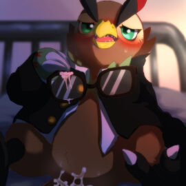 after_sex anthro avian bandai_namco beak bed bird blush bodily_fluids brown_body brown_feathers claws clothed clothing cum cum_on_glasses digimon digimon_(species) eyewear falcomon falcomon_(survive) feathers featureless_crotch feet furniture genital_fluids glasses green_eyes hi_res jacket male mofumi_corvus open_clothing open_jacket open_topwear owl school_uniform solo talons teeth toes toothed_beak topwear uniform