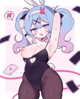 ace_(playing_card) ace_of_hearts animal_ears armpits bare_shoulders black_leotard black_pantyhose black_ribbon blue_eyes blue_hair border breasts cameltoe card clarevoir clothing_cutout fake_animal_ears female gradient_hair hair_ornament hairband hatsune_miku heart heart_cutout highres large_breasts leotard light_blush looking_at_viewer multicolored_hair mv_character navel nipples one_breast_out open_mouth pantyhose pink_background pink_hair playboy_bunny playing_card pov pussy rabbit_ears rabbit_hair_ornament rabbit_hole_(vocaloid) ribbon shortstack smile solo spoken_heart sweat teardrop_facial_mark twintails vocaloid white_border white_hairband x_hair_ornament
