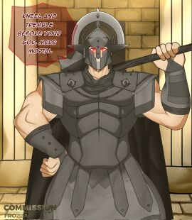 ares armor blood_of_zeus cocky dialogue english_dialogue english_text frozz_ard greek greek_god greek_mythology helmet male muscular muscular_male red_eyes speech_bubble warhammer_(weapon)