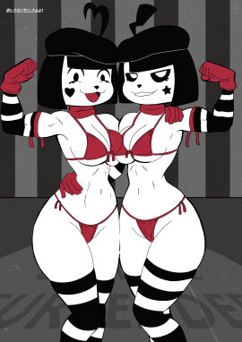 2d 2girls athletic athletic_female black_and_white bonbon_(derpixon) bra chuchu_(derpixon) ecchi fanart female lingerie looking_at_viewer loquillo66 mime mime_and_dash muscular muscular_female open_mouth panties short_hair thighhighs thighs underwear watermark