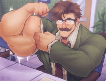 bara blush clothing facial_hair flexing glasses harvey_(stardew_valley) male male_only moustache muscles muscular rolled_up_sleeves solo solo_male stardew_valley tenkro yaoi