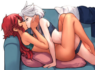 2girls barefoot bra bra_lift breasts canon_couple couch feet female female/female female_on_female futanari grey_hair gundam gundam_suisei_no_majo implied_futa implied_tribadism intersex jewelry kissing leg_lock lesbian lesbian_kiss lesbian_marriage miorine_rembran missionary_position missionary_tribadism mitsu_(tendou_itsuki) multiple_females multiple_girls panties panty_pull pillow red_hair ring short_eyebrows sports_bra suletta_mercury sweat thick_eyebrows toes tribadism underwear unworn_clothes wedding_ring wholesome wife_and_wife yuri yuri_wedding